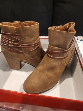 Tan Women’s Ankle Booties with Decorative Wrap Straps